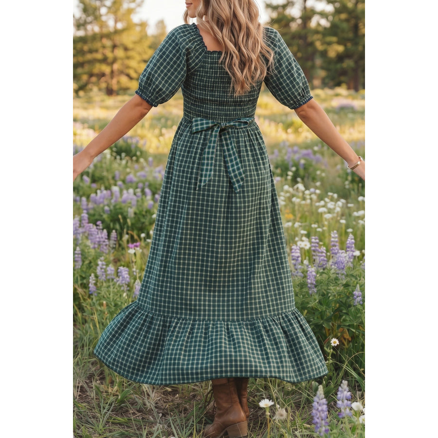 Green Plaid Square Neck Shirred High Waist Ruffle Hem Dress Dresses/Maxi Dresses