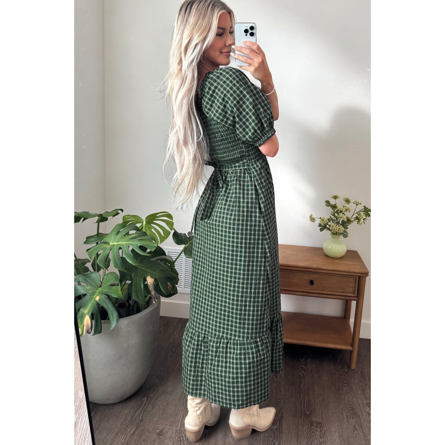 Green Plaid Square Neck Shirred High Waist Ruffle Hem Dress Dresses/Maxi Dresses
