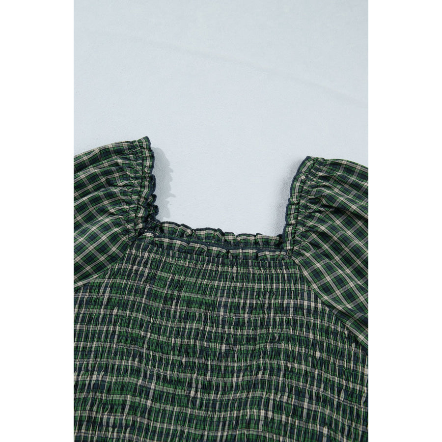Green Plaid Square Neck Shirred High Waist Ruffle Hem Dress Dresses/Maxi Dresses