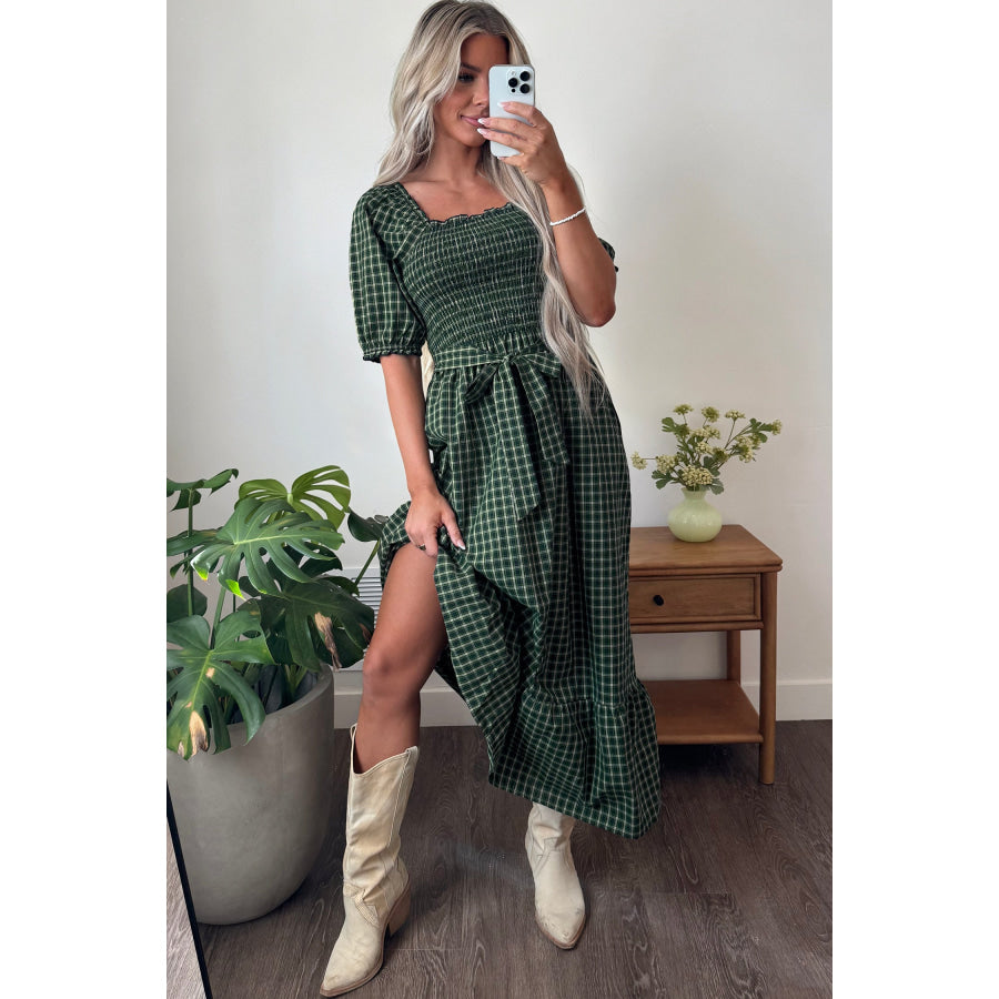 Green Plaid Square Neck Shirred High Waist Ruffle Hem Dress Dresses/Maxi Dresses
