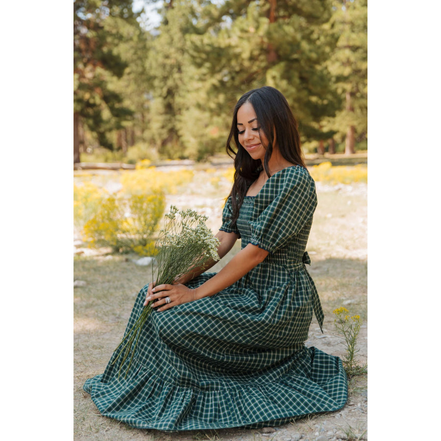 Green Plaid Square Neck Shirred High Waist Ruffle Hem Dress Dresses/Maxi Dresses
