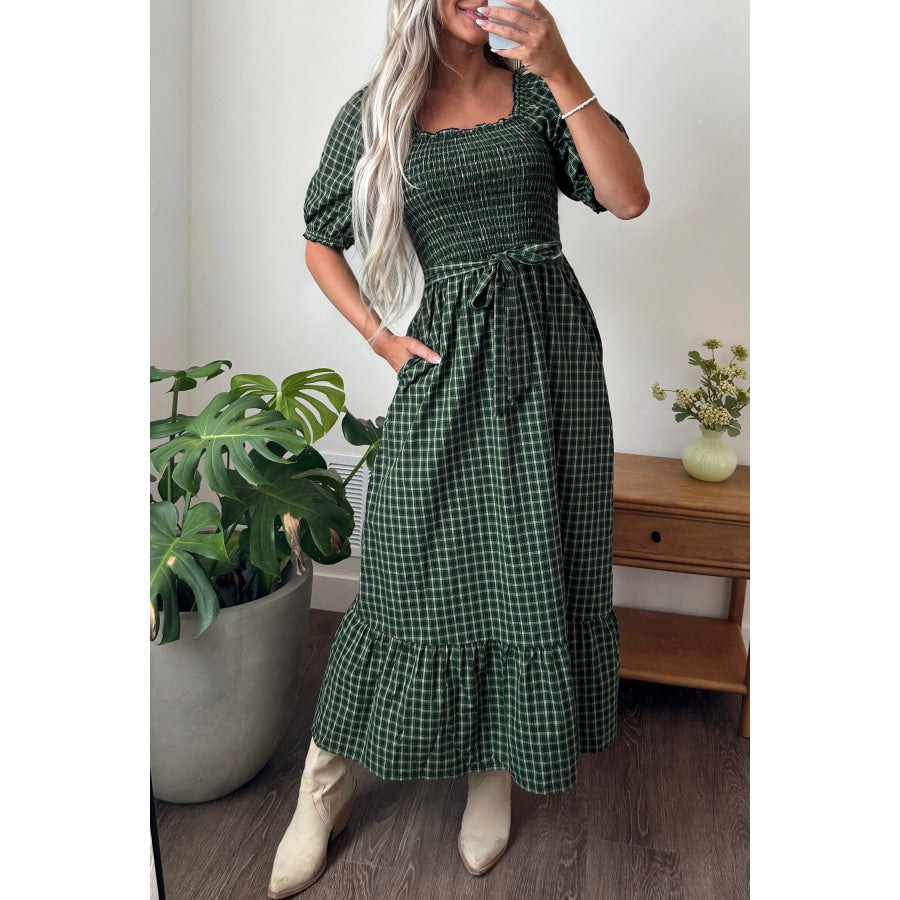 Green Plaid Square Neck Shirred High Waist Ruffle Hem Dress Dresses/Maxi Dresses