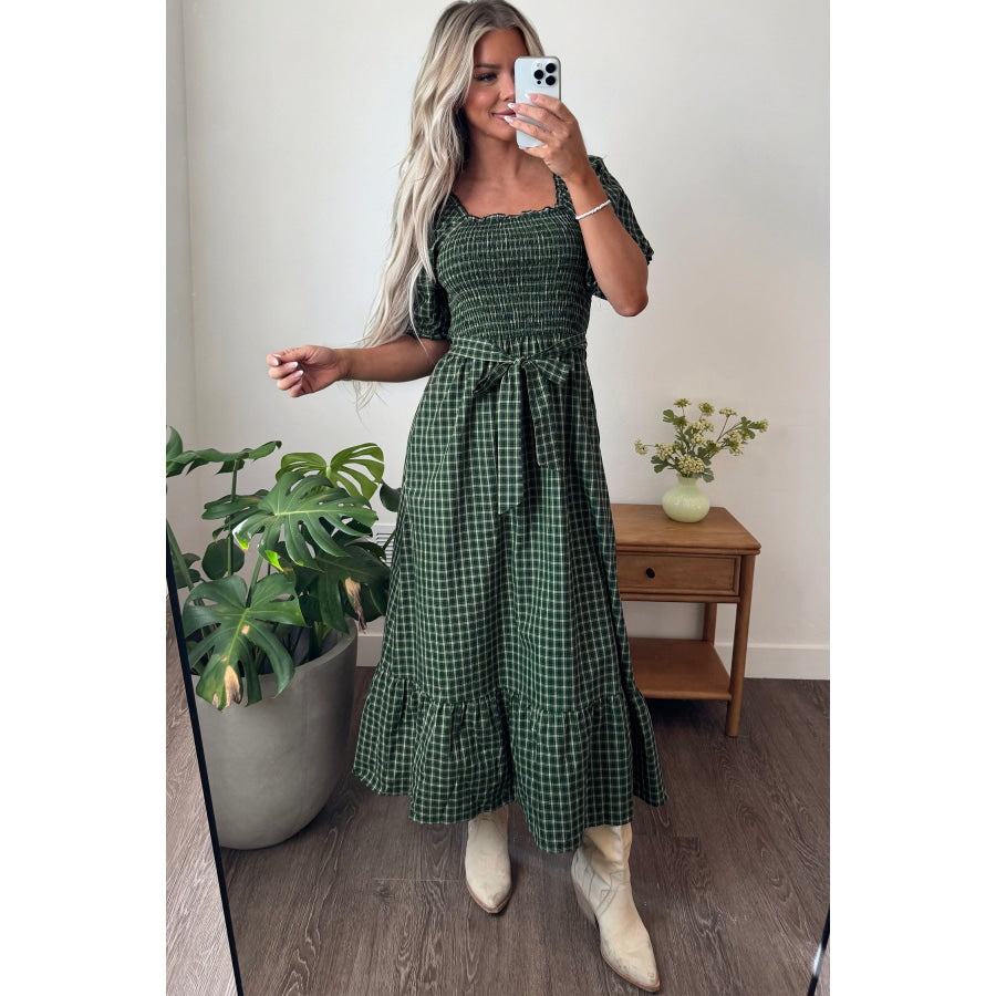 Green Plaid Square Neck Shirred High Waist Ruffle Hem Dress Dresses/Maxi Dresses
