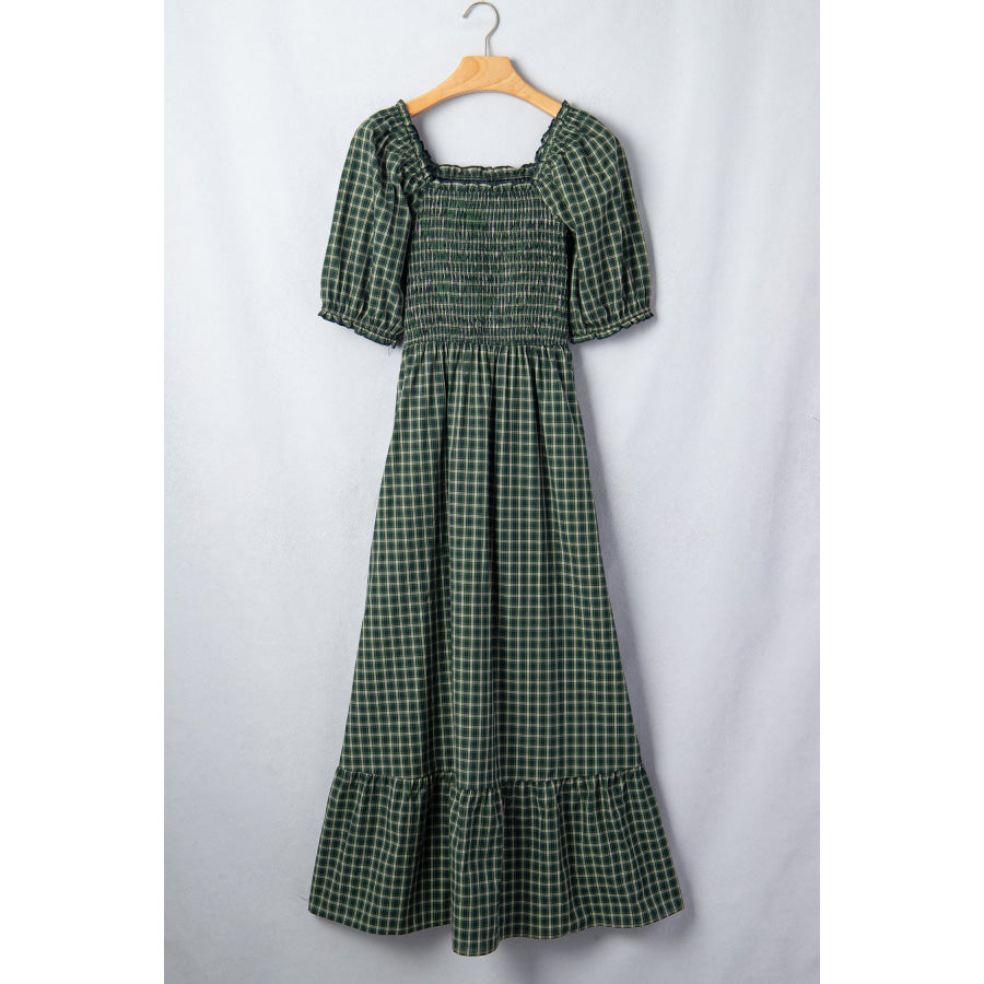 Green Plaid Square Neck Shirred High Waist Ruffle Hem Dress Dresses/Maxi Dresses