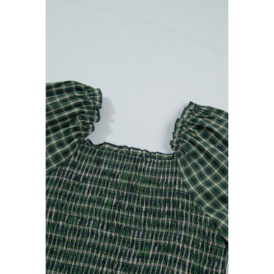 Green Plaid Square Neck Shirred High Waist Ruffle Hem Dress Dresses/Maxi Dresses
