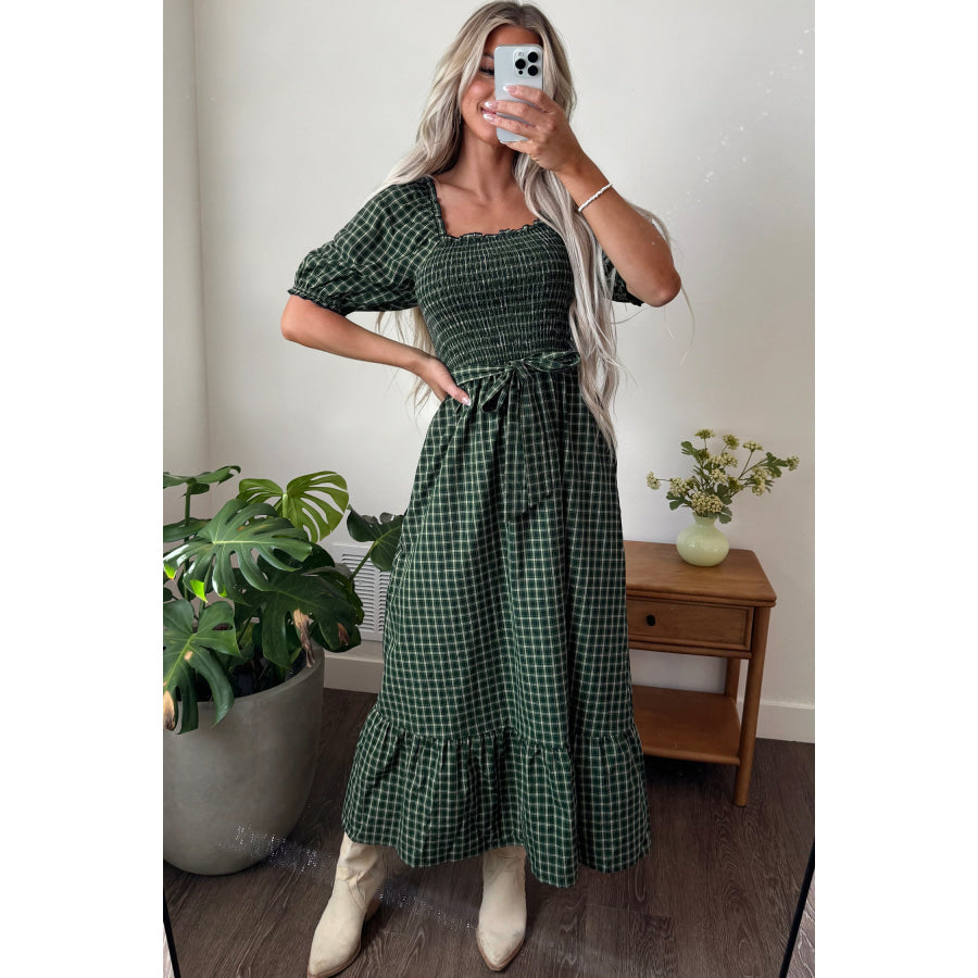 Green Plaid Square Neck Shirred High Waist Ruffle Hem Dress Dresses/Maxi Dresses