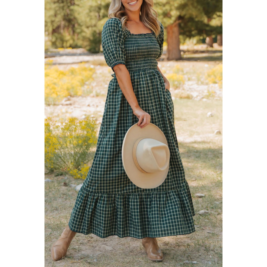Green Plaid Square Neck Shirred High Waist Ruffle Hem Dress Dresses/Maxi Dresses