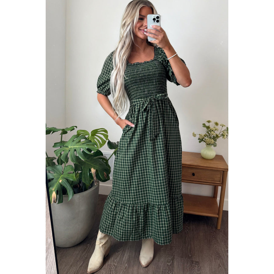 Green Plaid Square Neck Shirred High Waist Ruffle Hem Dress Dresses/Maxi Dresses