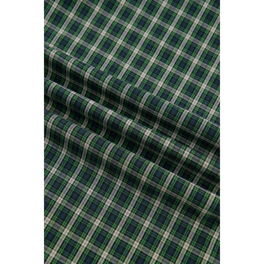 Green Plaid Square Neck Shirred High Waist Ruffle Hem Dress Dresses/Maxi Dresses