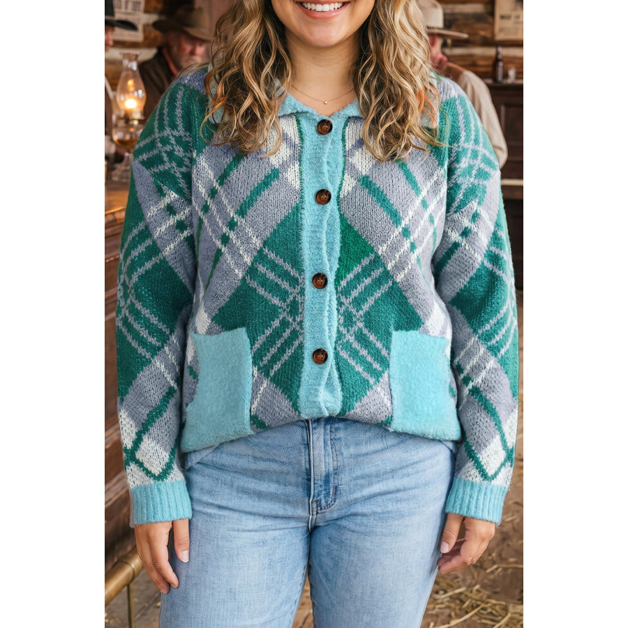 Green Plaid V Neck Long Sleeve Shift Cardigan Sweater Green / 1X Plus Size/Plus Size Sweaters & Cardigans