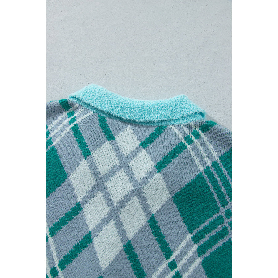 Green Plaid V Neck Long Sleeve Shift Cardigan Sweater Plus Size/Plus Size Sweaters & Cardigans
