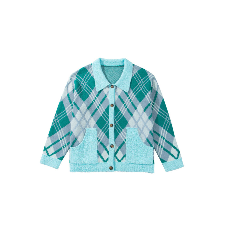 Green Plaid V Neck Long Sleeve Shift Cardigan Sweater Plus Size/Plus Size Sweaters & Cardigans