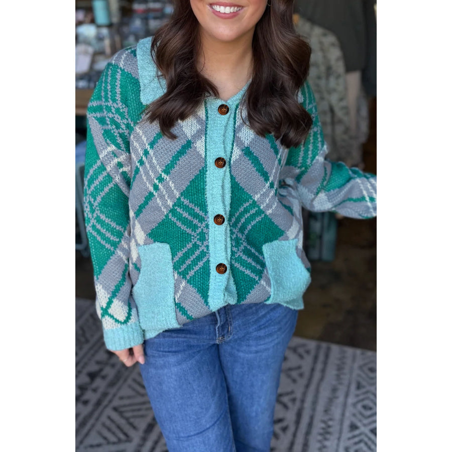 Green Plaid V Neck Long Sleeve Shift Cardigan Sweater Plus Size/Plus Size Sweaters & Cardigans