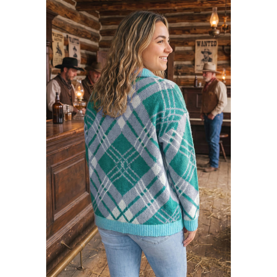 Green Plaid V Neck Long Sleeve Shift Cardigan Sweater Plus Size/Plus Size Sweaters & Cardigans