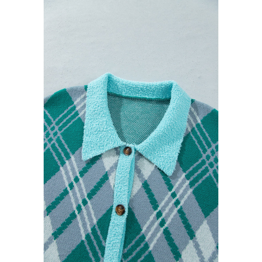 Green Plaid V Neck Long Sleeve Shift Cardigan Sweater Plus Size/Plus Size Sweaters & Cardigans