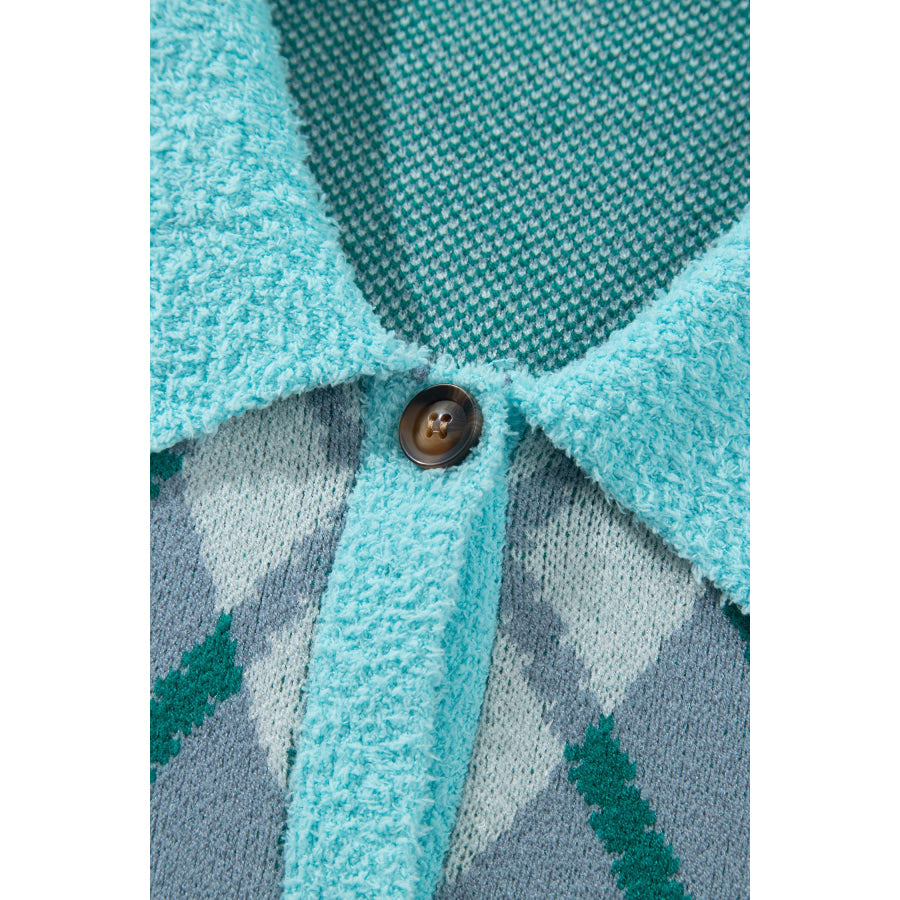 Green Plaid V Neck Long Sleeve Shift Cardigan Sweater Plus Size/Plus Size Sweaters & Cardigans