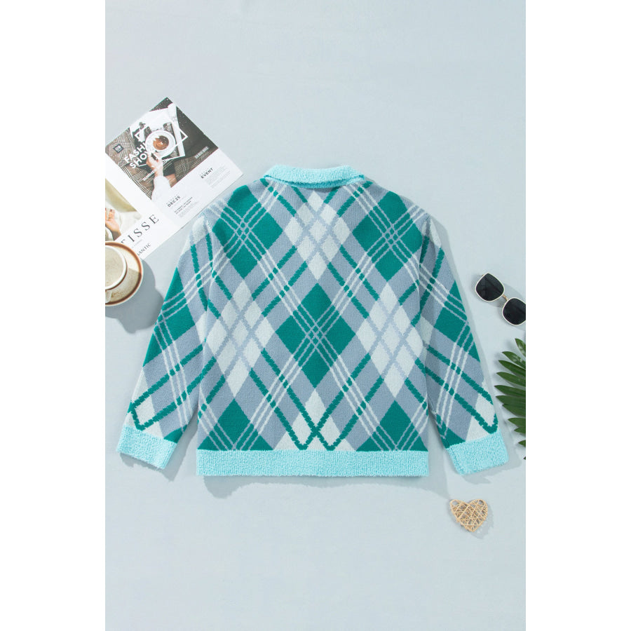 Green Plaid V Neck Long Sleeve Shift Cardigan Sweater Plus Size/Plus Size Sweaters & Cardigans