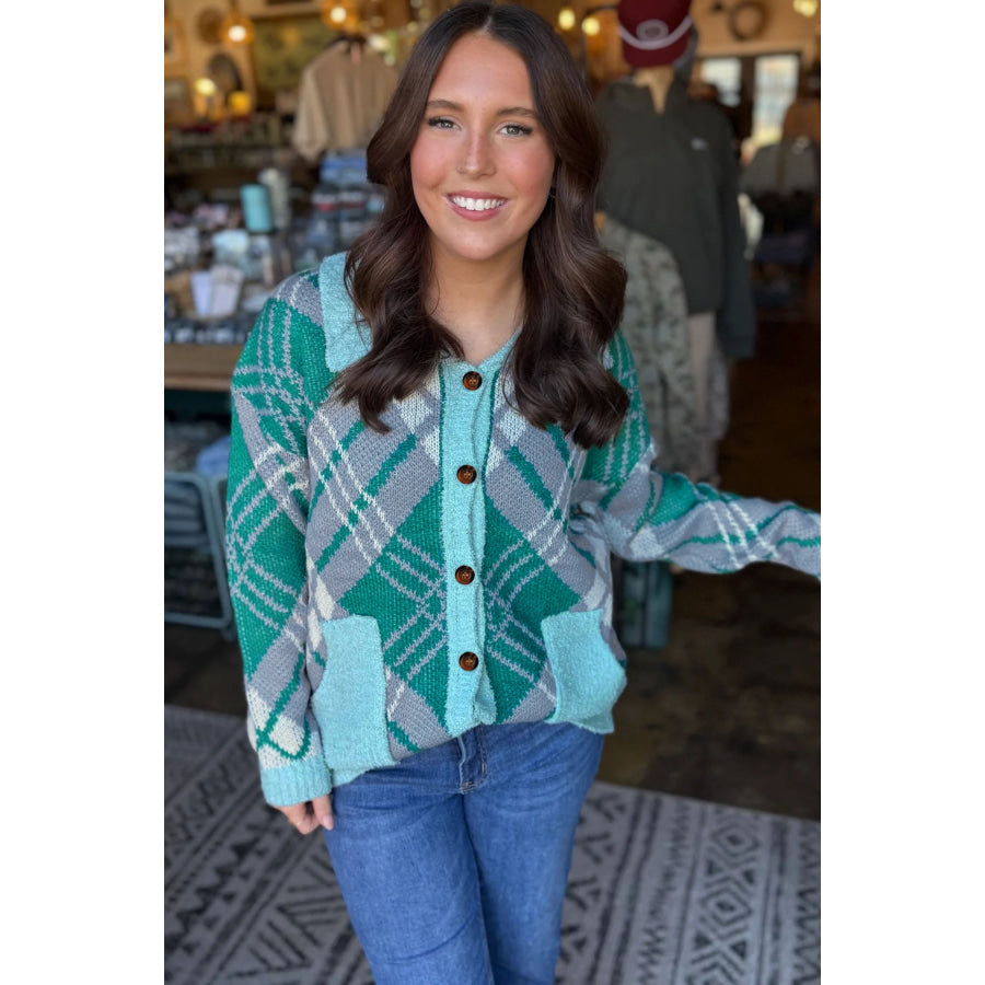 Green Plaid V Neck Long Sleeve Shift Cardigan Sweater Plus Size/Plus Size Sweaters & Cardigans