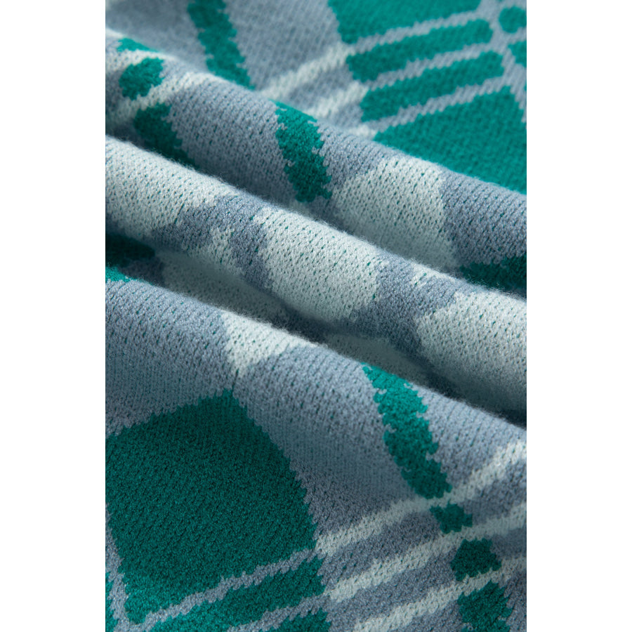 Green Plaid V Neck Long Sleeve Shift Cardigan Sweater Plus Size/Plus Size Sweaters & Cardigans