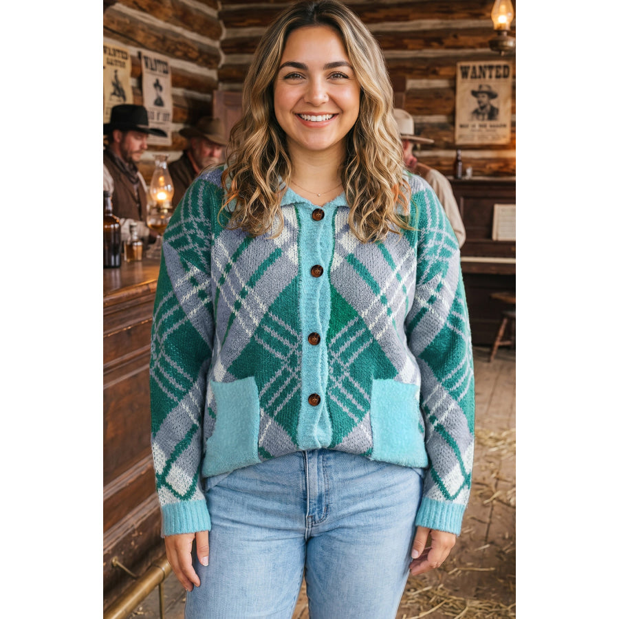 Green Plaid V Neck Long Sleeve Shift Cardigan Sweater Plus Size/Plus Size Sweaters & Cardigans