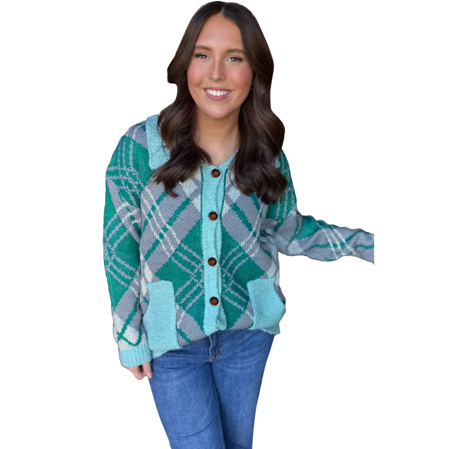 Green Plaid V Neck Long Sleeve Shift Cardigan Sweater Plus Size/Plus Size Sweaters & Cardigans
