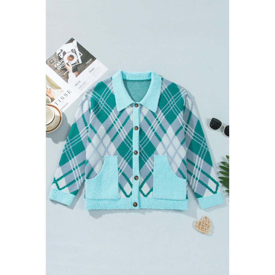 Green Plaid V Neck Long Sleeve Shift Cardigan Sweater Plus Size/Plus Size Sweaters & Cardigans