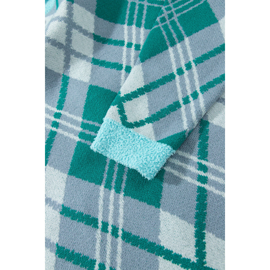 Green Plaid V Neck Long Sleeve Shift Cardigan Sweater Plus Size/Plus Size Sweaters & Cardigans
