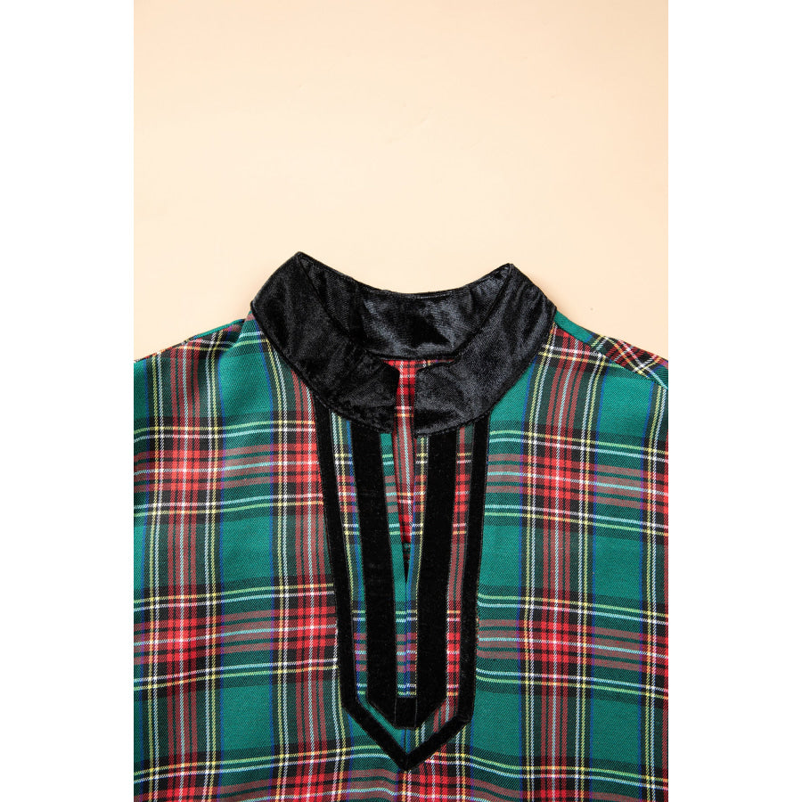 Green Plaid Velvet Trim Pockets Short Shift Dress Dresses/Mini Dresses