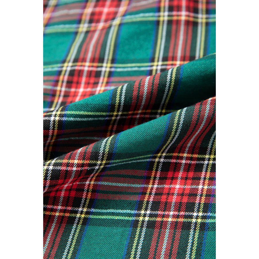 Green Plaid Velvet Trim Pockets Short Shift Dress Dresses/Mini Dresses