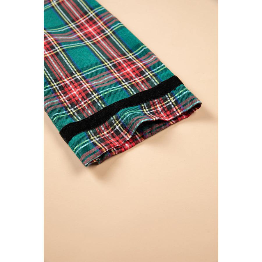 Green Plaid Velvet Trim Pockets Short Shift Dress Dresses/Mini Dresses