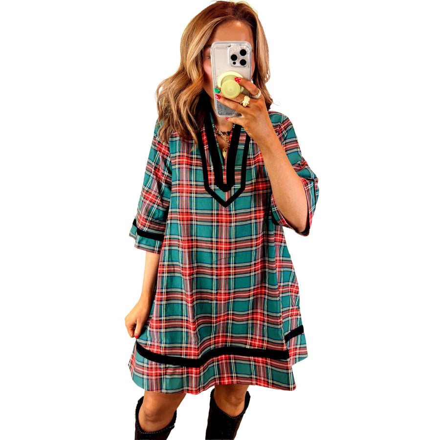 Green Plaid Velvet Trim Pockets Short Shift Dress Dresses/Mini Dresses