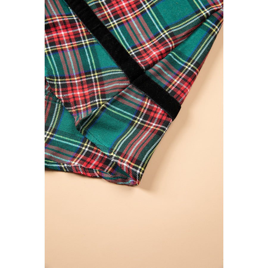 Green Plaid Velvet Trim Pockets Short Shift Dress Dresses/Mini Dresses