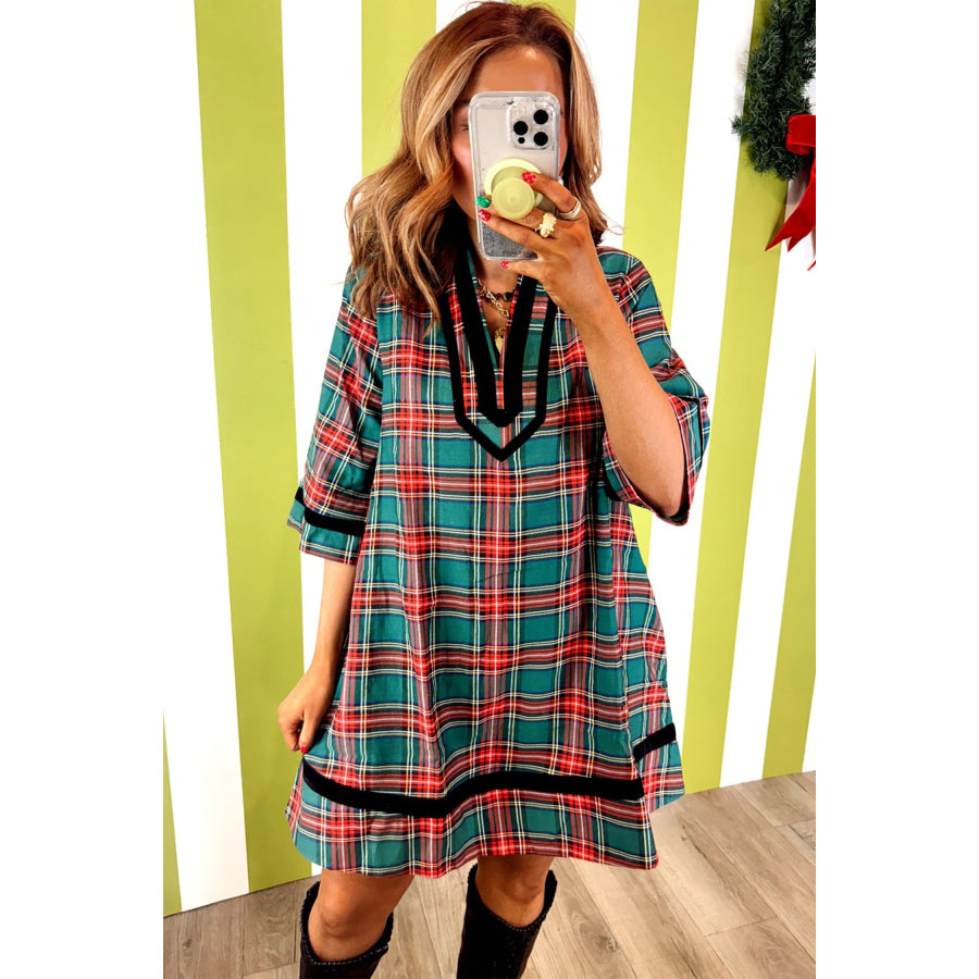 Green Plaid Velvet Trim Pockets Short Shift Dress Dresses/Mini Dresses