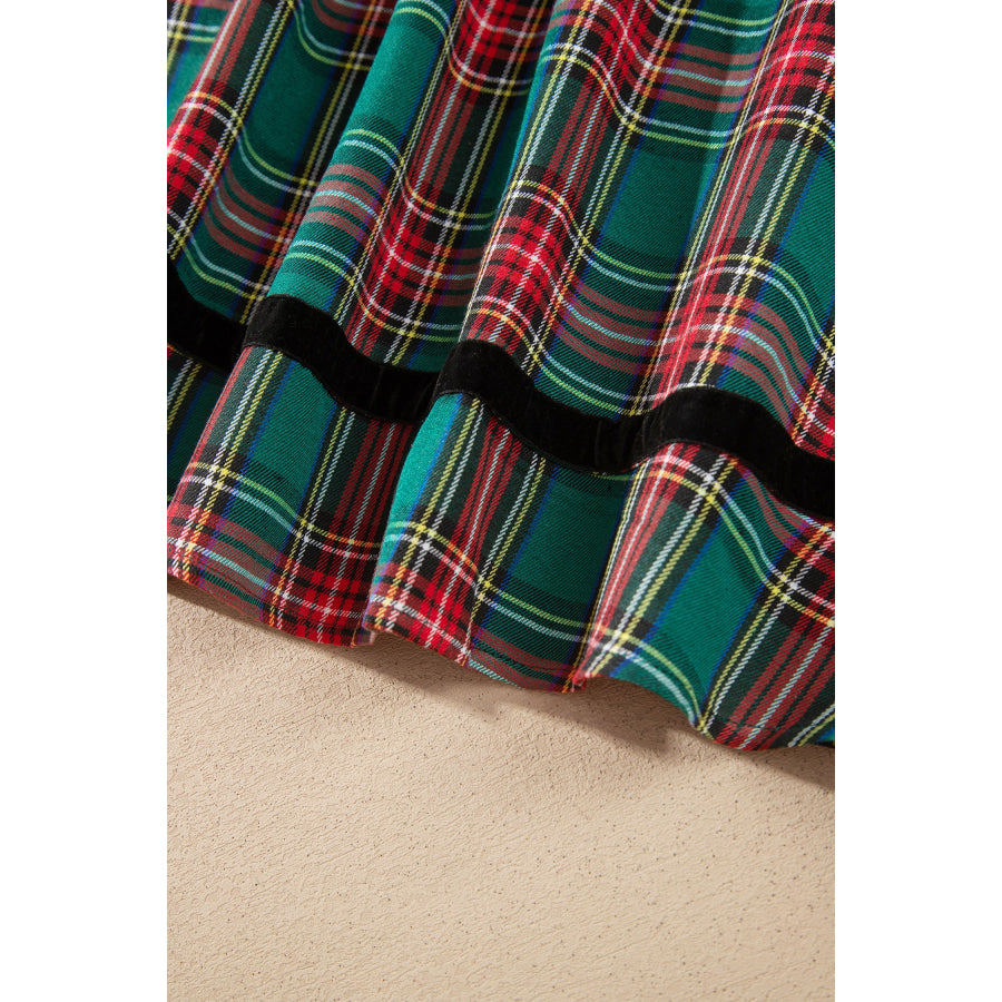 Green Plaid Velvet Trim Pockets Short Shift Dress Dresses/Mini Dresses