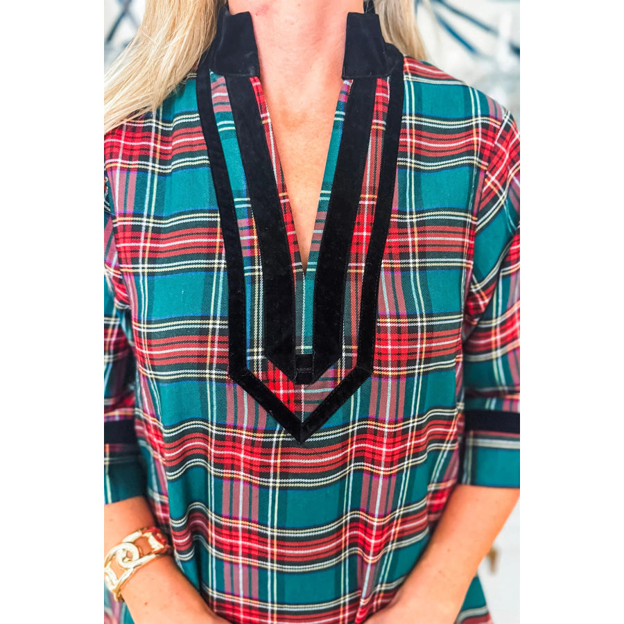 Green Plaid Velvet Trim Pockets Short Shift Dress Dresses/Mini Dresses