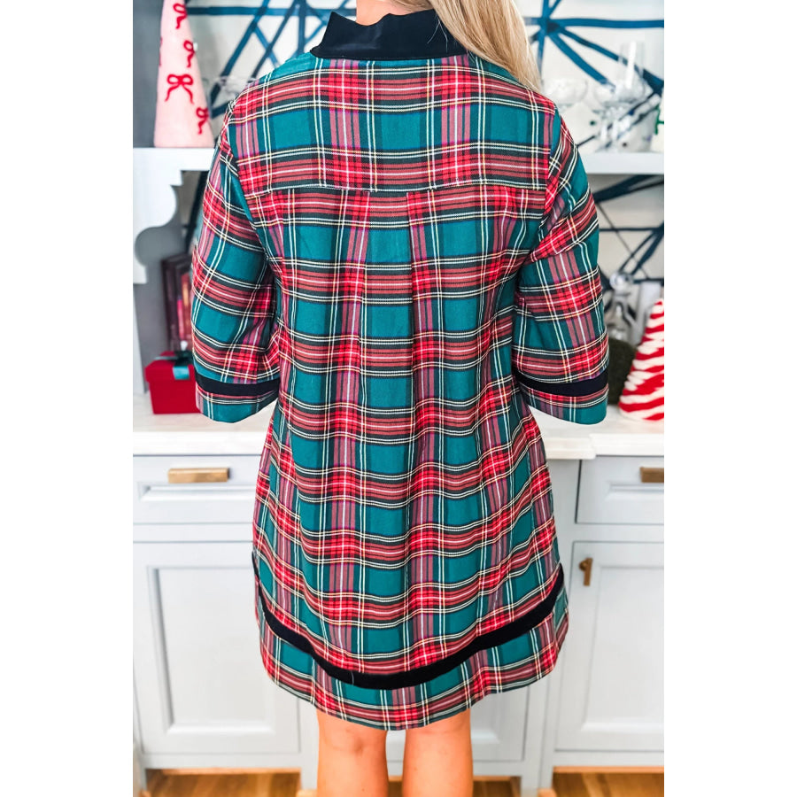 Green Plaid Velvet Trim Pockets Short Shift Dress Dresses/Mini Dresses