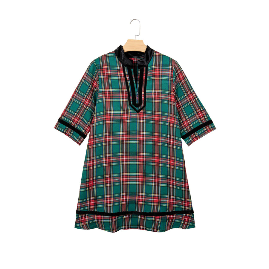 Green Plaid Velvet Trim Pockets Short Shift Dress Dresses/Mini Dresses