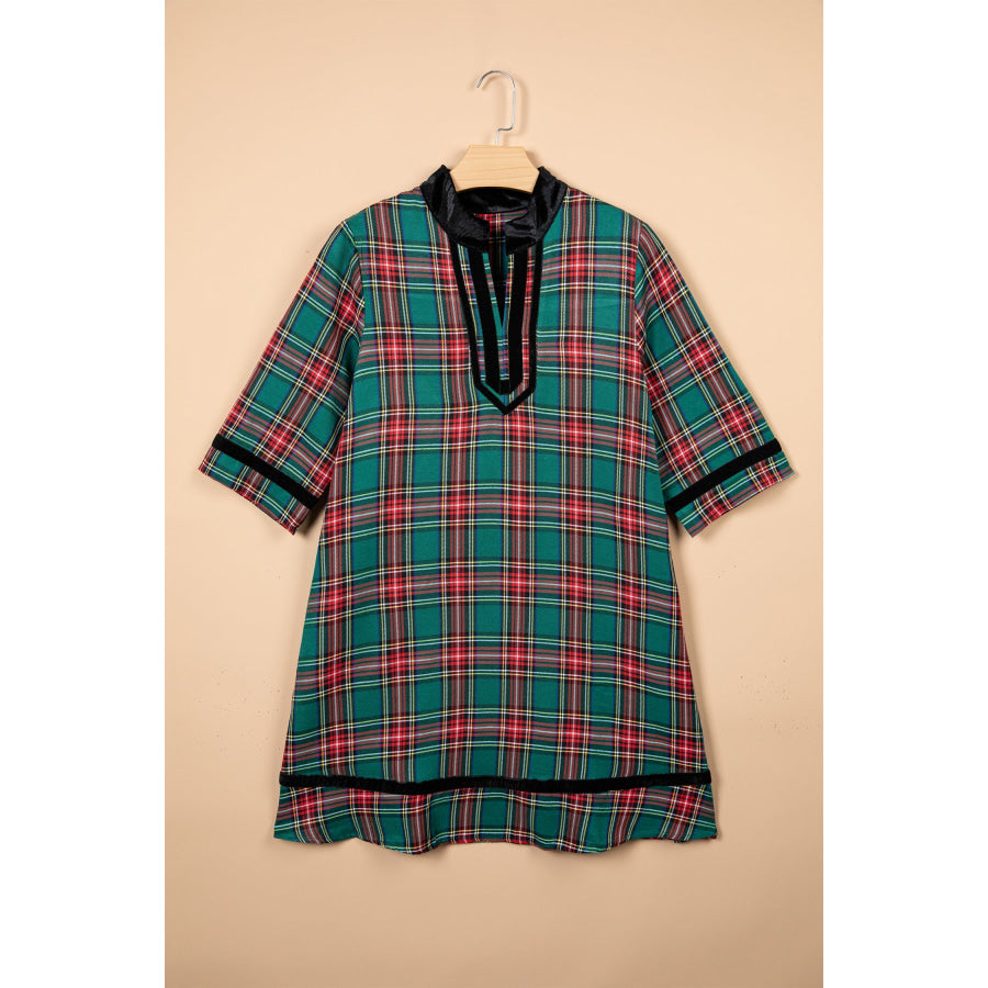 Green Plaid Velvet Trim Pockets Short Shift Dress Dresses/Mini Dresses