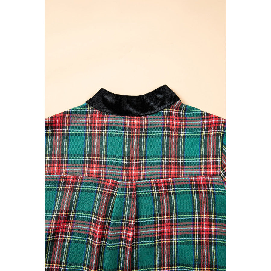 Green Plaid Velvet Trim Pockets Short Shift Dress Dresses/Mini Dresses