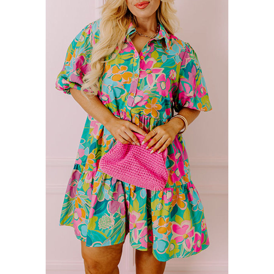 Green Plus Floral Print Puff Sleeve Tiered Shirt Dress Green / 1X / 100% Polyester Plus Size/Plus Size Dresses/Plus Size Mini Dresses