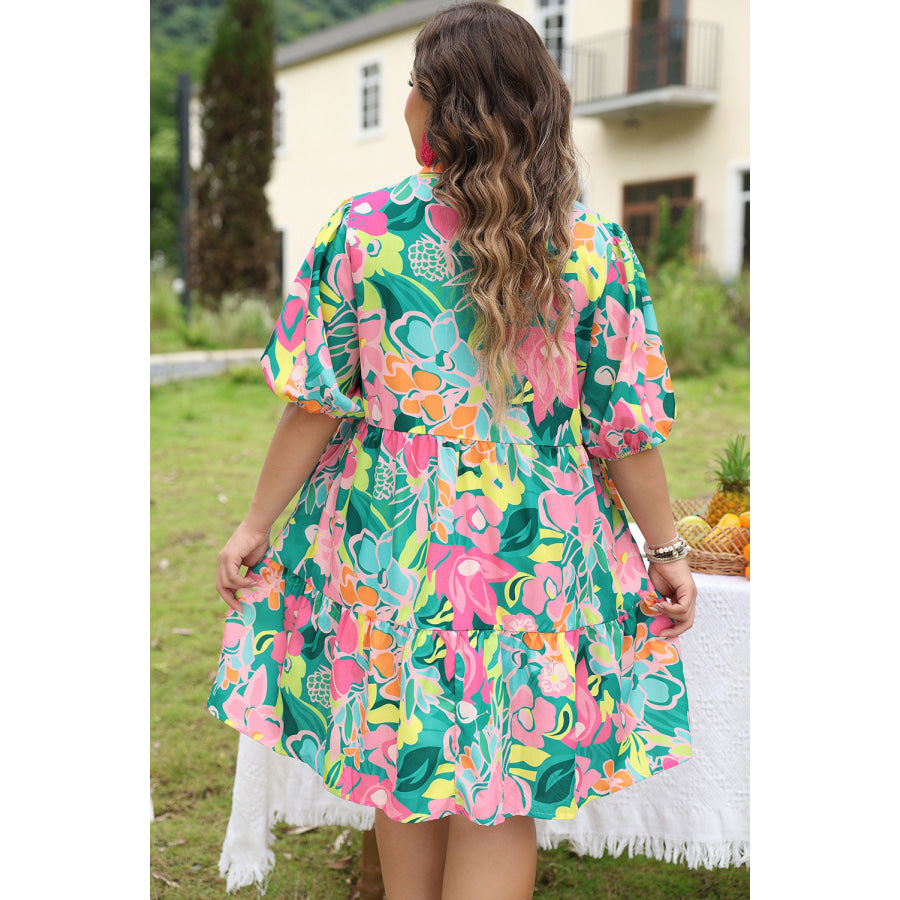 Green Plus Floral Print Puff Sleeve Tiered Shirt Dress Plus Size/Plus Size Dresses/Plus Size Mini Dresses