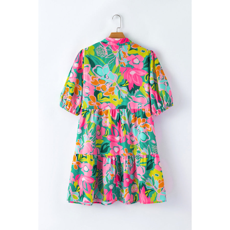 Green Plus Floral Print Puff Sleeve Tiered Shirt Dress Plus Size/Plus Size Dresses/Plus Size Mini Dresses