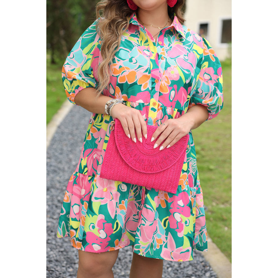 Green Plus Floral Print Puff Sleeve Tiered Shirt Dress Plus Size/Plus Size Dresses/Plus Size Mini Dresses