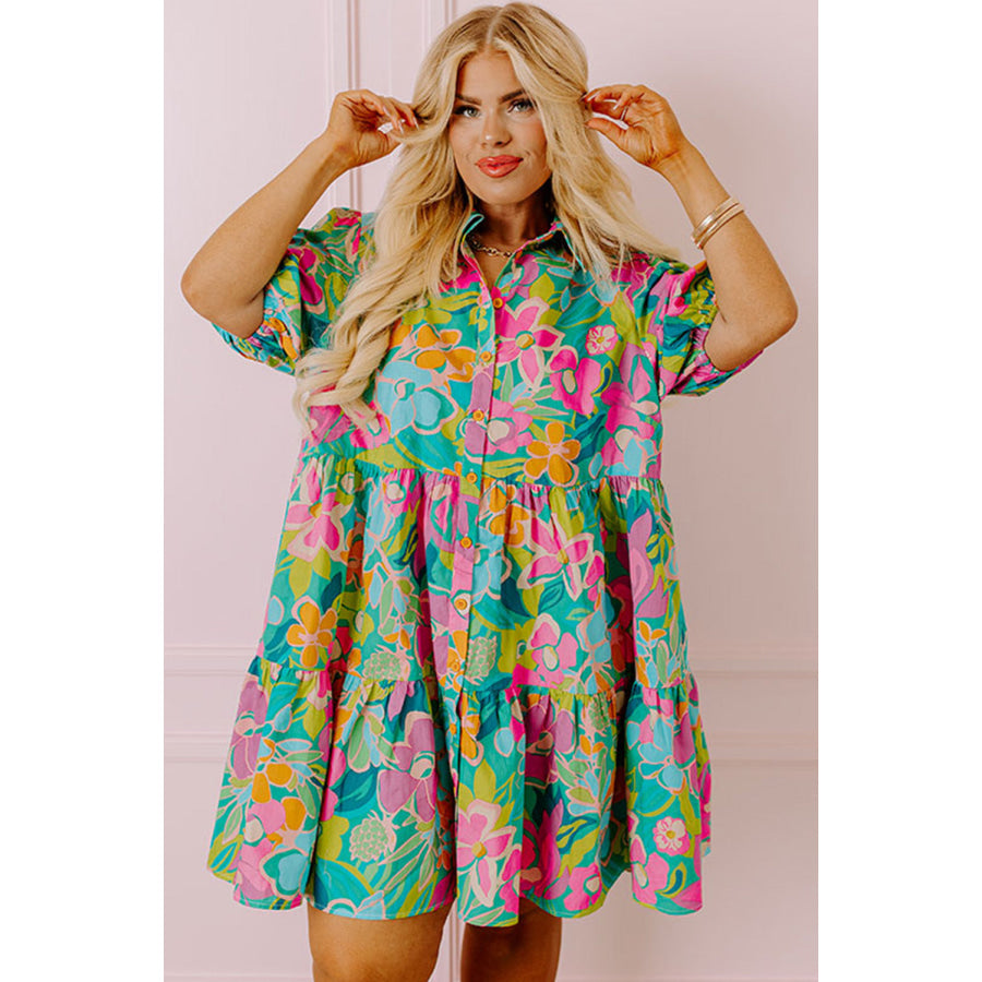 Green Plus Floral Print Puff Sleeve Tiered Shirt Dress Plus Size/Plus Size Dresses/Plus Size Mini Dresses