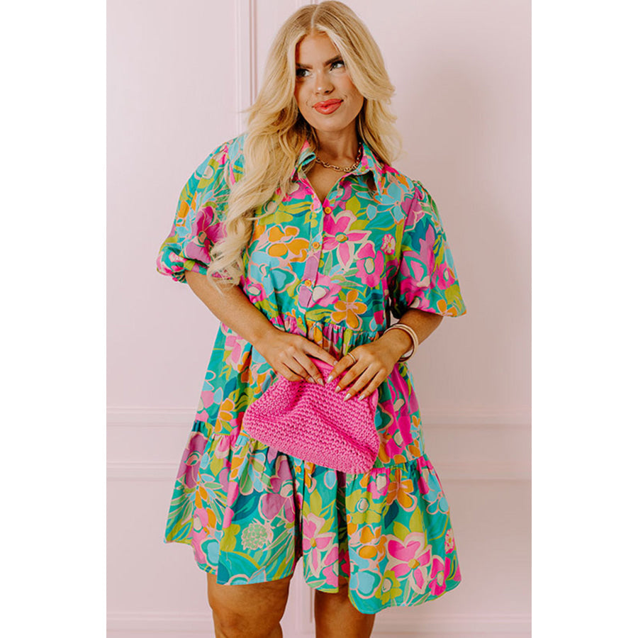 Green Plus Floral Print Puff Sleeve Tiered Shirt Dress Plus Size/Plus Size Dresses/Plus Size Mini Dresses