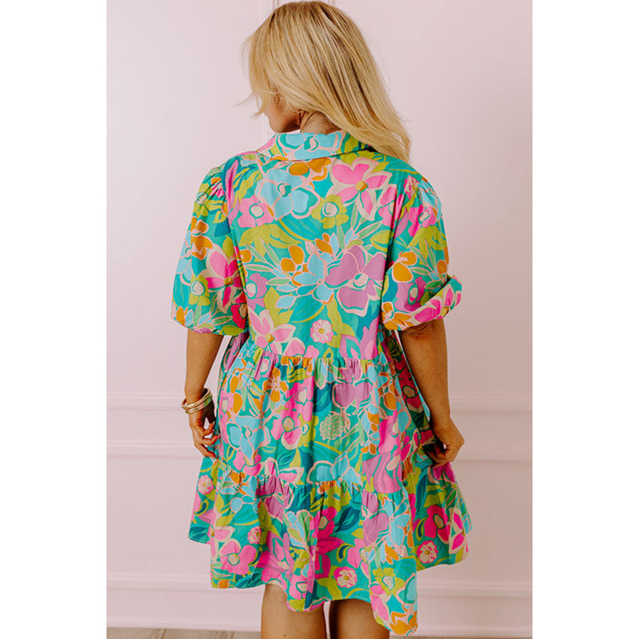 Green Plus Floral Print Puff Sleeve Tiered Shirt Dress Plus Size/Plus Size Dresses/Plus Size Mini Dresses