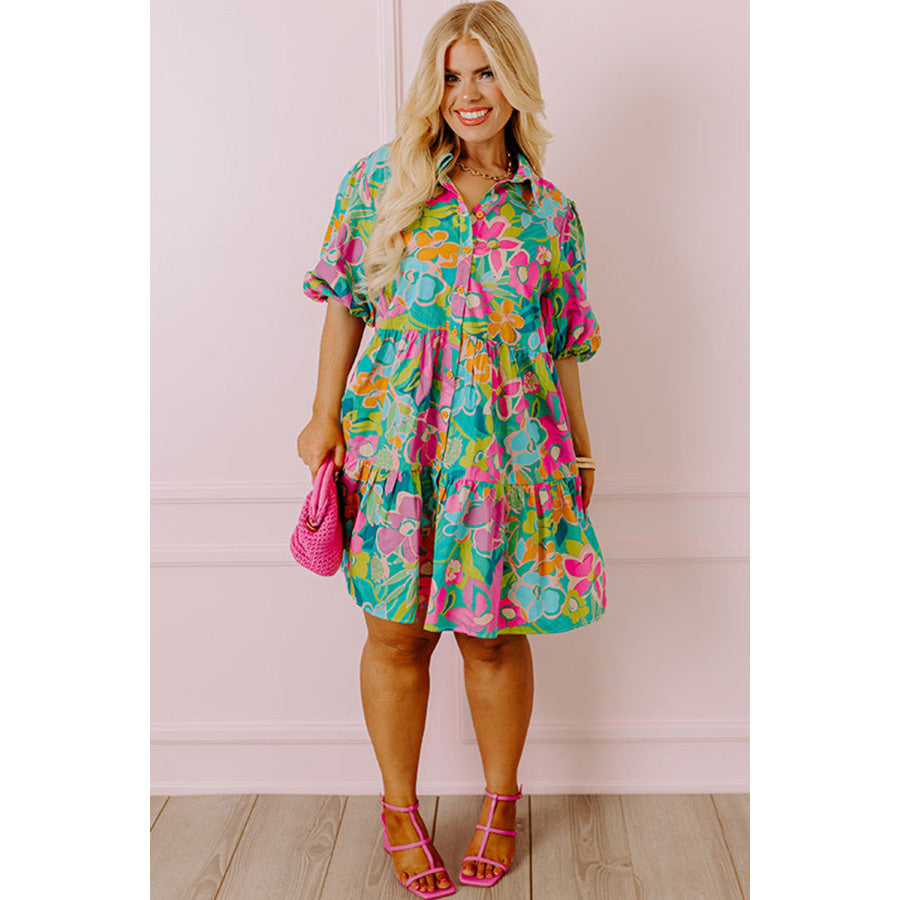 Green Plus Floral Print Puff Sleeve Tiered Shirt Dress Plus Size/Plus Size Dresses/Plus Size Mini Dresses