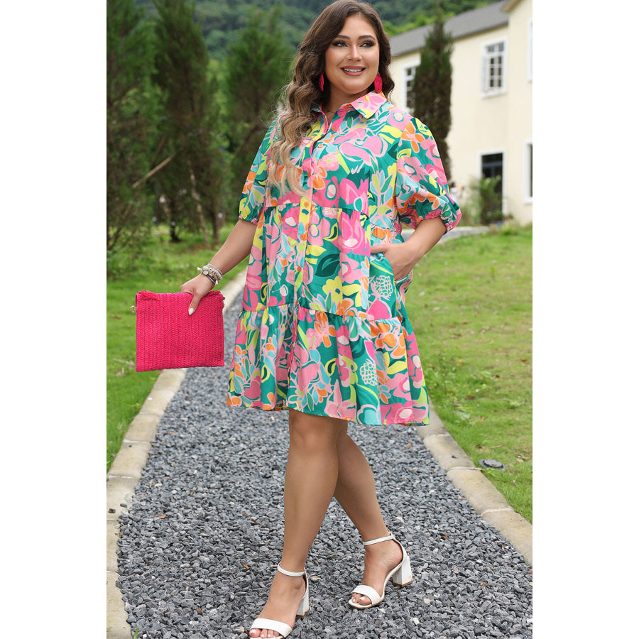 Green Plus Floral Print Puff Sleeve Tiered Shirt Dress Plus Size/Plus Size Dresses/Plus Size Mini Dresses