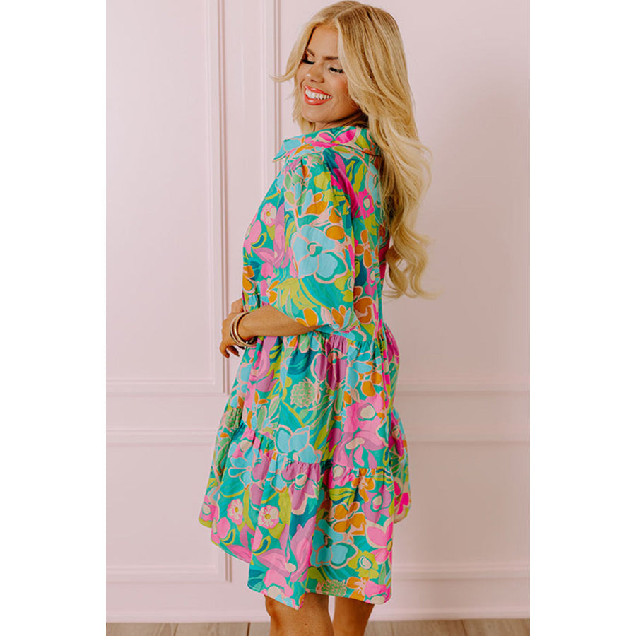 Green Plus Floral Print Puff Sleeve Tiered Shirt Dress Plus Size/Plus Size Dresses/Plus Size Mini Dresses