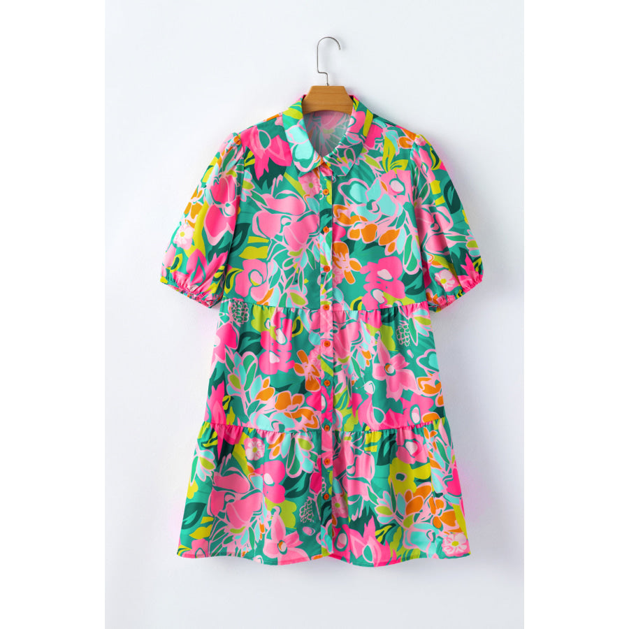 Green Plus Floral Print Puff Sleeve Tiered Shirt Dress Plus Size/Plus Size Dresses/Plus Size Mini Dresses